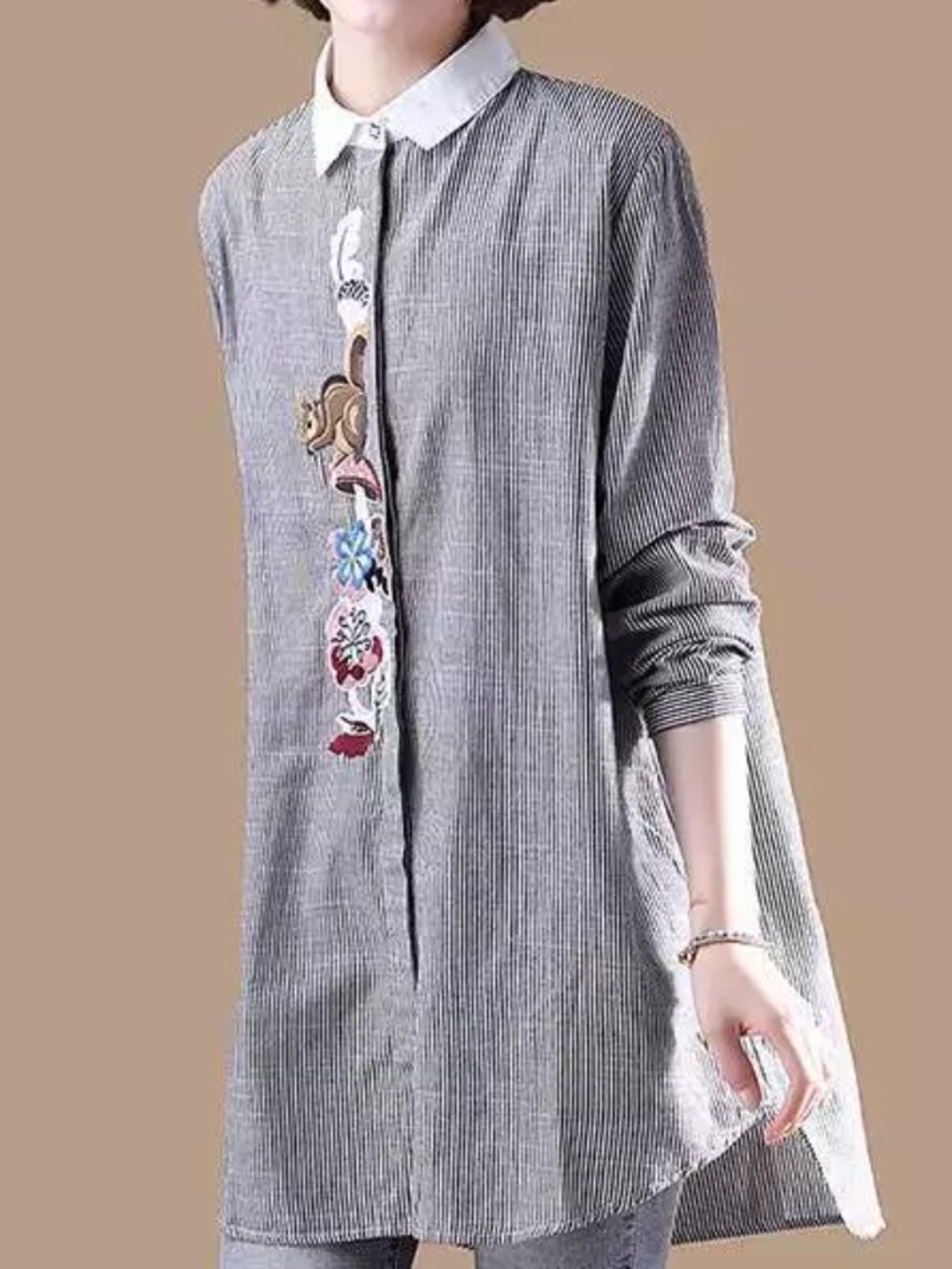 Ladies Striped Cotton Blend Long Sleeve Slim Shirt Embroidered Large Size Top